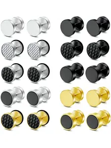 10 Pairs Black Silver Gold Round Screw Barbell Earrings for Men Women Fake Plug Earrings Stainless Steel Earrings Hypoallergenic Round Earrings Unisex Jewellery