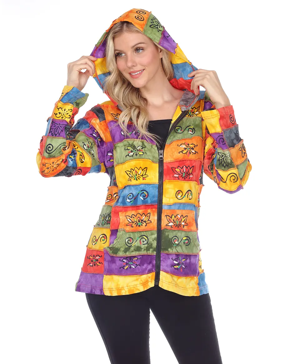 Caravan Closet Patched & Hand Printed Colorful Jacket, Patchwork, Outerwear, Coats, Lady, Piece, Casual, Tops, Women, Handmade Art, Cotton, Multicolor, Boho Vintage