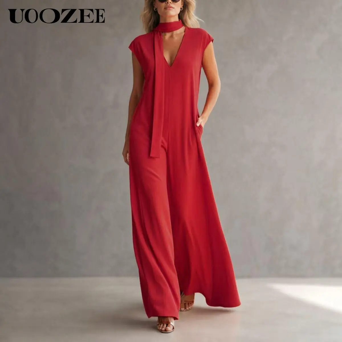 UOOZEE Women's Chic Polyester Overalls - Cap Sleeves, V-Neck, Neck Tie, Functional Pockets, Back Zipper, Oversized Wide-Leg Pants, Casual Lightweight Soft Fabric, Tall Length, Petite Note, Everyday & Vacation Wear, Basics, Solid Plain, Cold Wash, Floor Le
