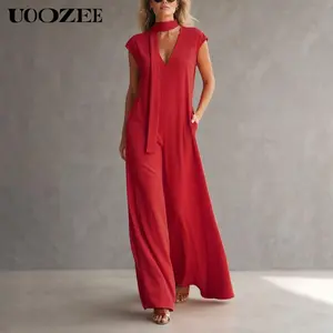 UOOZEE Women's Chic Red V-Neck Oversized Wide Leg Polyester Jumpsuit - Cap Sleeves, Neck Tie, Pockets, Back Zipper, Loose Fit, Tall Length, Petite Note, Lightweight Soft Party & Vacation Wear