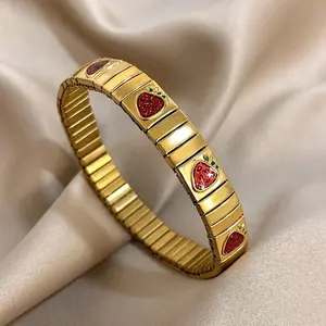 Stainless Steel Elastic Bracelet Bangle for Women Men Red Enamel Strawberry Cherry Bracelet Classic Watch Chain Golden Jewelry