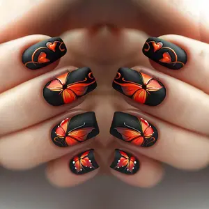 Upgrade Your Nail Style with 24pcs Matte Leaf Butterfly Heart Press-On Nails, Reusable Acrylic Short Square Tips for Women Girls, Stylish Acrylic Nails