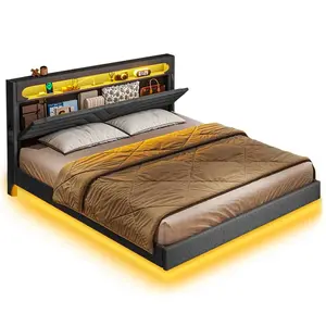 Linen LED Floating Bed Frame with Storage Headboard Dark Grey