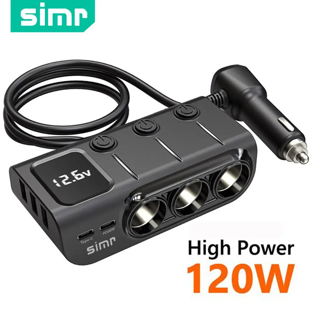 [Updated Version] simr CA01 Car Plug Lighter Adapter 120W 3 Socket Power Splitter, Multiport Charger, 5 USB Ports Car Charger with LED Display Voltage On Off Switch Fast Charging Solution