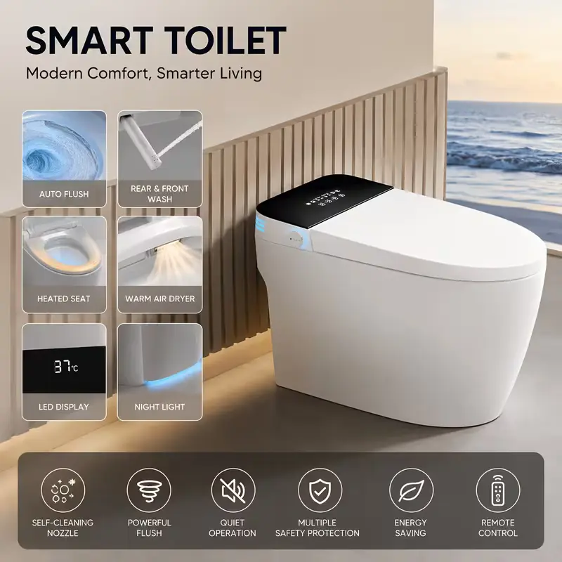 High-end smart toilet featuring a pressurized tank and powerful flushing; includes feminine cleansing and rinsing functions, automatic lid opening/closing, instant warm water, an elongated heated seat, a drying function, and a nightlight.