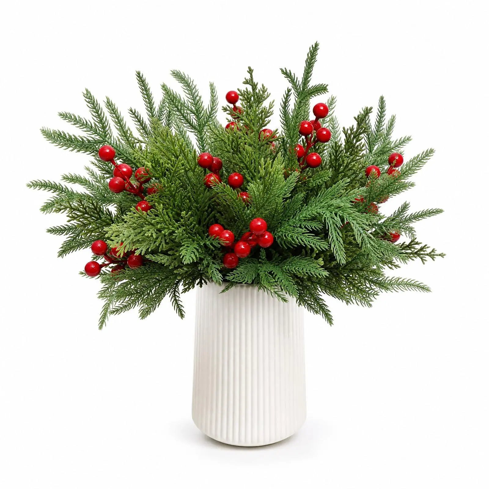Garvee 45 PCS Artificial Christmas 30 Pine Branch & 15 Red Berry Stems | Evergreen Fine-Tip Needle, Soft PE, Bendable, Christmas Decorations, Holiday Floral Picks for DIY Craft Garland Home