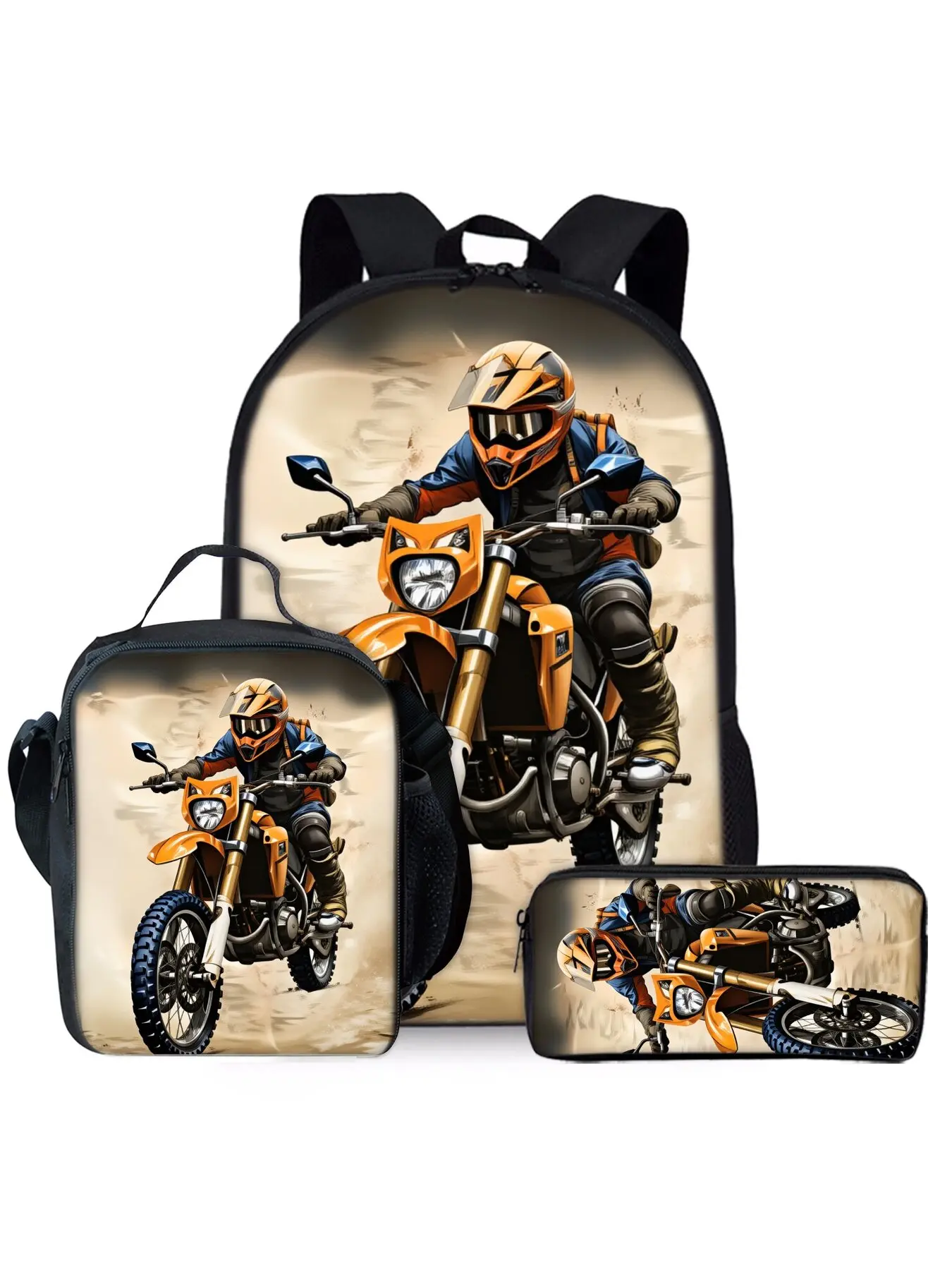 Cartoon-style cool motorcycle punk-themed three-piece backpack set including a lunch bag and pencil case.