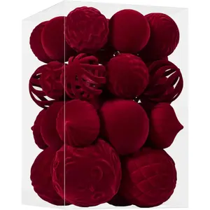 30 count  Christmas Ball Ornaments, Flocked Shatterproof Christmas Ornaments Hanging Xmas Tree Decorations Set for  Party Holiday Decor (Multi-Size, Burgundy)