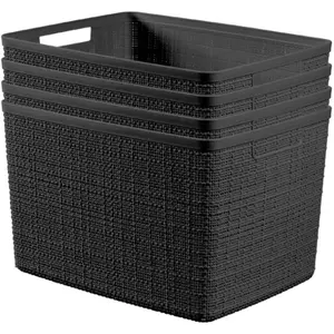 Jute Large Decorative Plastic Organization and Storage Baskets Perfect Bins for Home Office Closet Shelves Kitchen Pantry and All Bedroom Essentials Pack of 4 Black