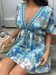Summer Beach Style Dress Women Deep V Neck Waist Cinched Thin Mini Skirt Fashion Elegant A-Line Umbrella Dress for Vacation Travel