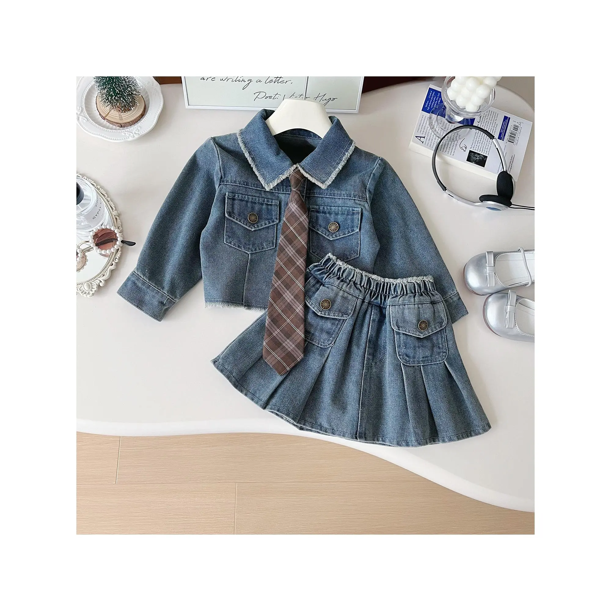 Girls' 202 Autumn New Korean-Style Cotton Long-Sleeve Plain Denim Jacket & Skirt 2-Piece College Set - Back-to-School, Outdoor Kids' Fashion Outfit