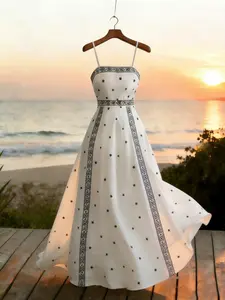 Women's White Boho Maxi Slip Dress, Geometric Print Contrast Lace Trim, High Waist, Flowy A-Line Skirt, Perfect for Spring, Summer, Beach Vacation, Picnic & Date Bohemian