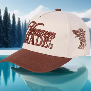 HEAVEN MADE Embroidered Trucker Hat Vintage Aesthetic Baseball Cap for Men & Women with Angel Design Premium 3D Embroidery Adjustable Fit Unisex Two-Tone Beige & Brown,Trendy baseball cap
