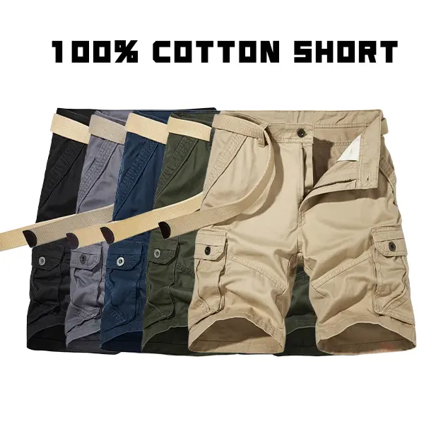 Men’s 100% cotton cargo shorts with multiple pockets—trendy and versatile, skin-friendly and comfortable for outdoor leisure, suitable for everyday wear, available in five colors.