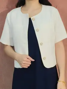 Women's Elegant White Tweed Short Sleeve Jacket, Pearl Button Cropped Blazer, Casual Office Outerwear, Summer Short Cardigan, 2026 New Fashion
