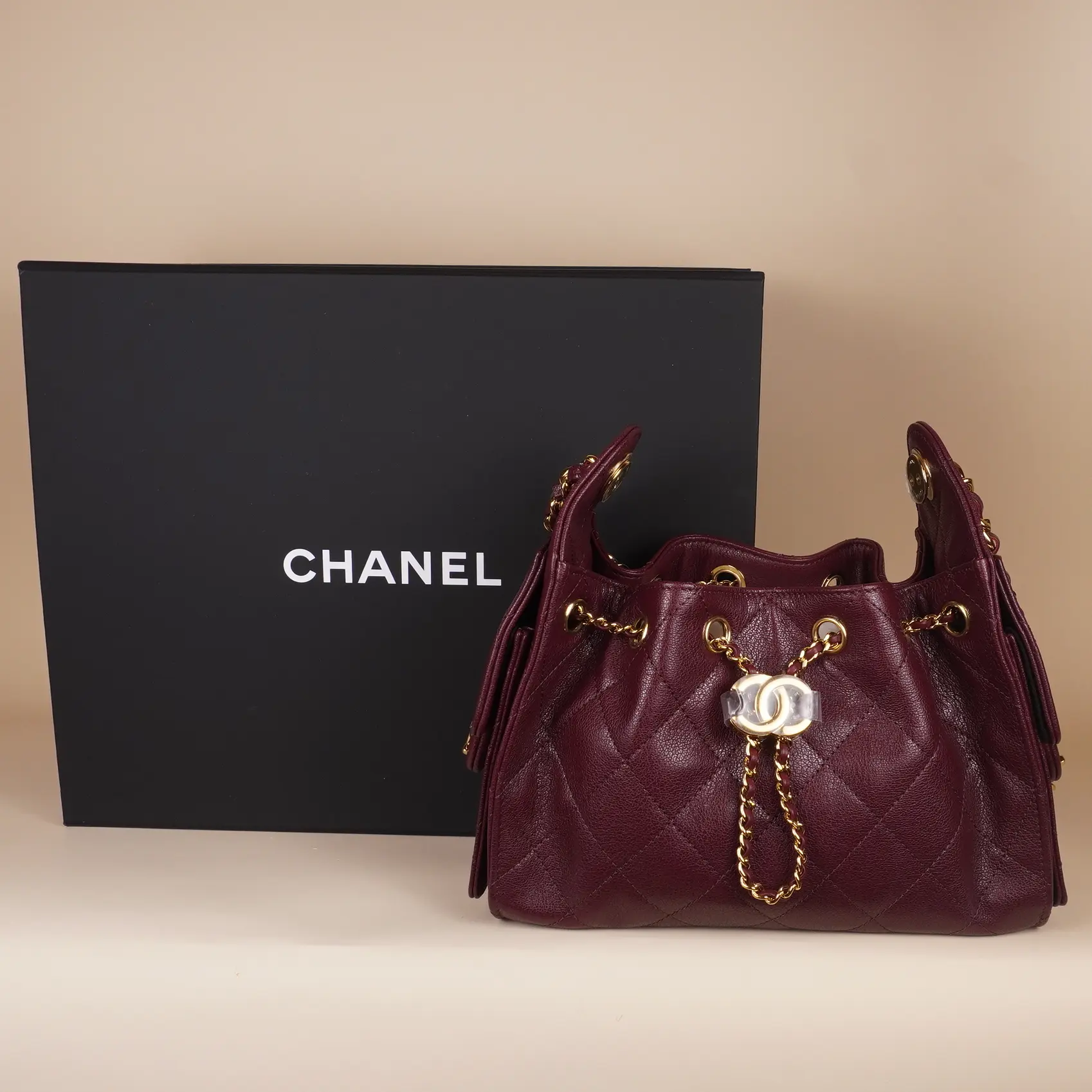 Pre-owned CHANEL Calfskin Shoulder Bags CC 25 Mini Hobo Bag Burgundy Calfskin