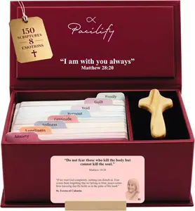 Read Me When You Need Faith & Strength | Bible Verse Card Box | 150 Scripture & Catholic Saints Quotes | Prayer Cards with Wooden Cross | Christian Gift for Women
