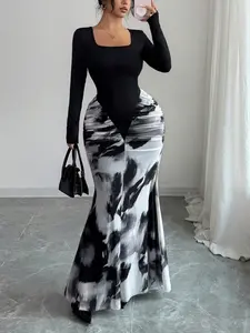 New Women's Long Sleeve Square Neck Slim Knitted Floral Print Bodycon Dress, Elegant Pleated Color Block Design for Parties, Fall & Winter Style, Chic