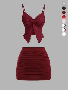 Two-Piece Set Women's Solid Color Crop Short Sleeveless Tube Top & Skirt, Casual Fashion Cozy Two-piece Outfits for Daily Outdoor Wear, Ladies Clothes for Summer, Suits Womenswear