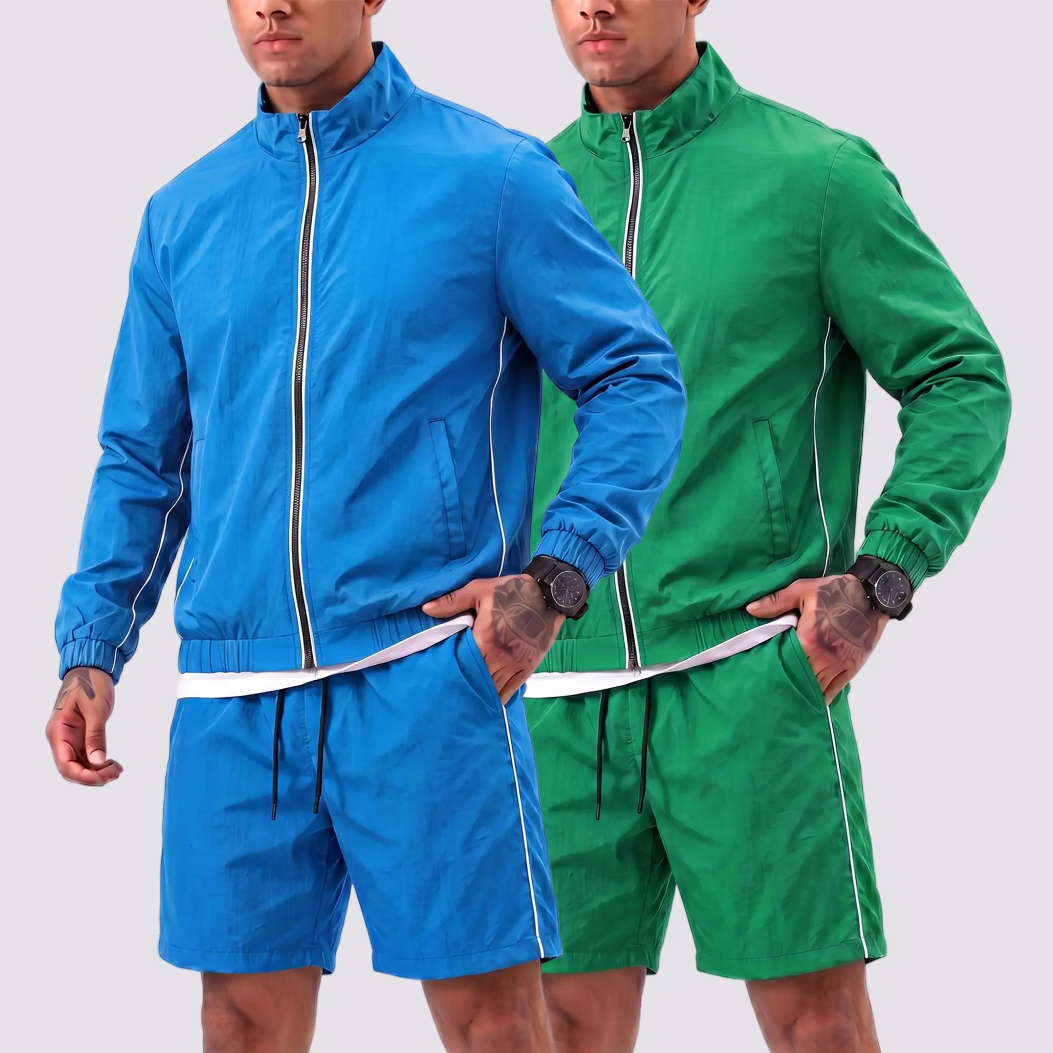 Minimalist men’s long-sleeve casual two-piece set — contrast-line zip-up top and drawstring athletic pants; lightweight, breathable, moisture-wicking; regular fit menswear; sports set suitable for outdoor activities and home wear.