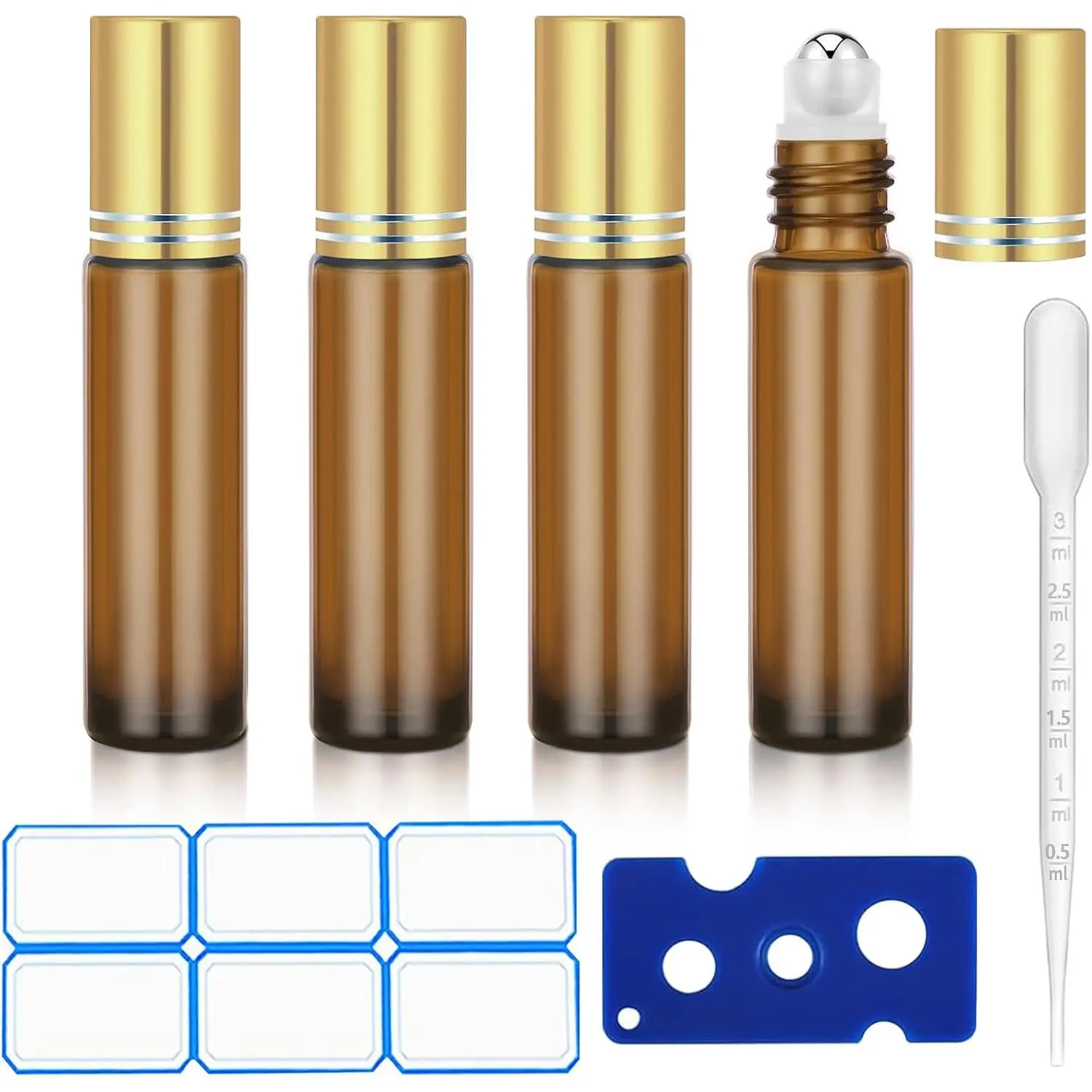 4 Pack of 0.34 Oz (10ml) Essential Oil Roller Bottles - Refillable, Leak-proof  Glass Roll- Bottles with Stainless Steel Roller Balls, Metal Caps, and Labels Included