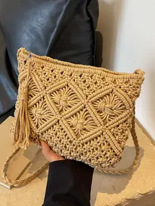 Fashionable hand-woven rope knot tassel crossbody bag,  retro design, exquisite and compact, versatile and available in multiple colors, niche design suitable for daily commuting, shopping, vacation, etc., Embellished Shoulder Bag, Handcrafted Bag