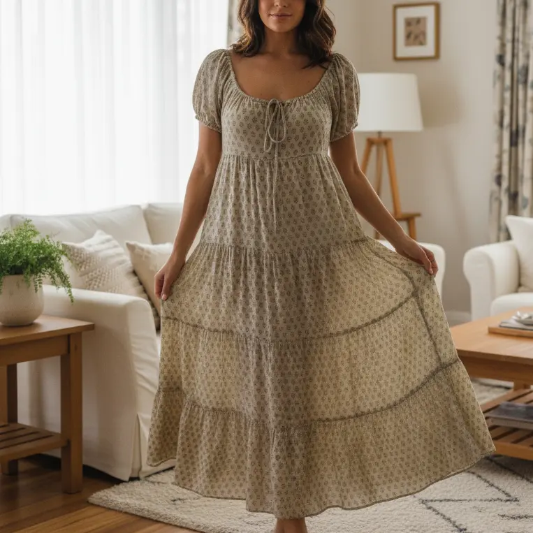 Woman Floral Puff Sleeve Maxi Dress Square Neck Ruffle Flowy Long Dresses Boho Tiered A Line Summer Sundress