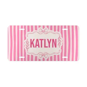 Pink Stripes Personalized Name Vanity Plate Custom License Plate Coquette Bow Girlcore