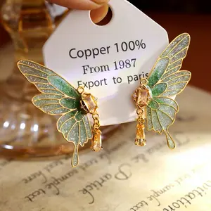 Stunning Green Gradient Butterfly Tassel Earrings, Luxury Shiny Ice Crystal Zircon Studs, Fairycore Fashion Jewelry