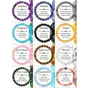 Unisex 12Pcs 8mm Hypoallergenic Natural Crystal Bracelets, Semi-Precious Gem Round Bead Stretch Jewelry with Healing Energy for Yoga, Fashion Costume Accessory, Hypoallergenic Jewelry, Natural Crystals