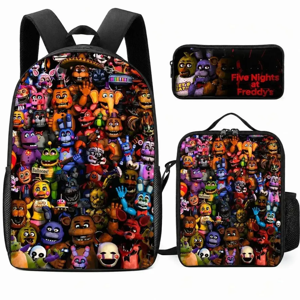 5 Nights at Freddy's Cartoon Theme 3-Piece 3D Print Backpack Set - Adjustable Straps, Extralarge Size, Multiple Pockets School Backpack, Insulated Lunch Bag, Pencil Case for Kids, All Seasons Back-to-School Gym Bag, Oxford Cloth
