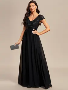 Ever-Pretty Empire Waist V-Neck Cap Sleeve Chiffon Formal Evening Dress 0150 - Floor-Length Sequin & Chiffon Fabric with Concealed Zipper Closure 0150