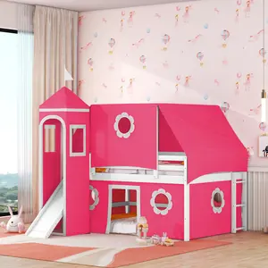 Full Size Loft Bed with Slide Pink Tent and Tower - Pink(OLD SKU: LT000772AAH-1)