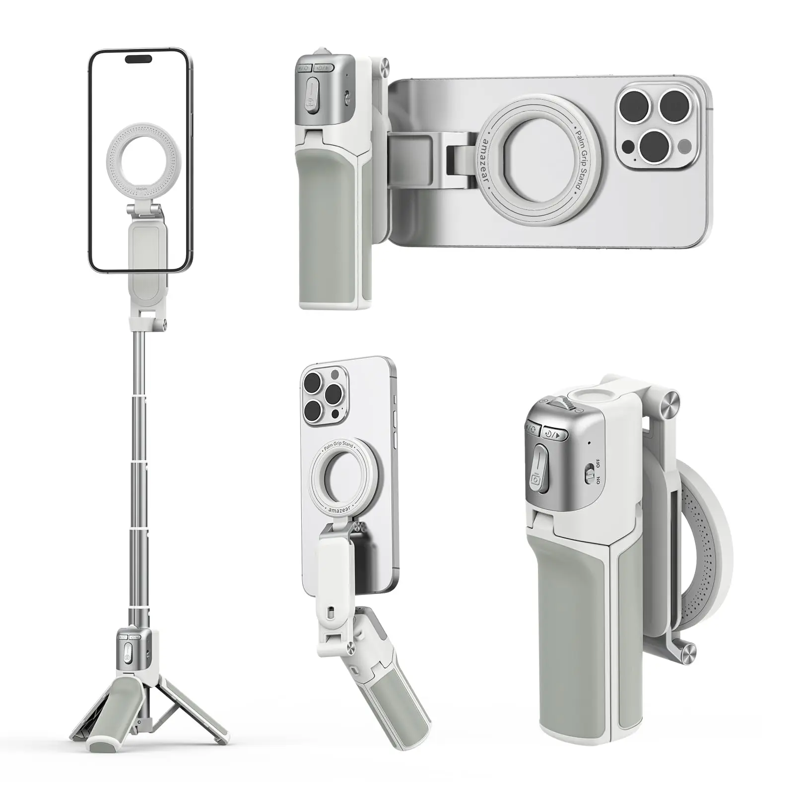 AMAZEAR Selfie Stick Tripod, Cellphone Accessories with Detachable Wireless Shutter Button for iPhone 16 17 Pro Max, Comfort Ergonomic Smartphone Handle Holder, White