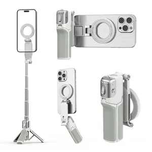 AMAZEAR Phone Camera Grip with Selfie Stick Tripod, Cellphone Accessories with Detachable Wireless Shutter Button for iPhone 16 17 Pro Max, Comfort Ergonomic Smartphone Handle Holder, White