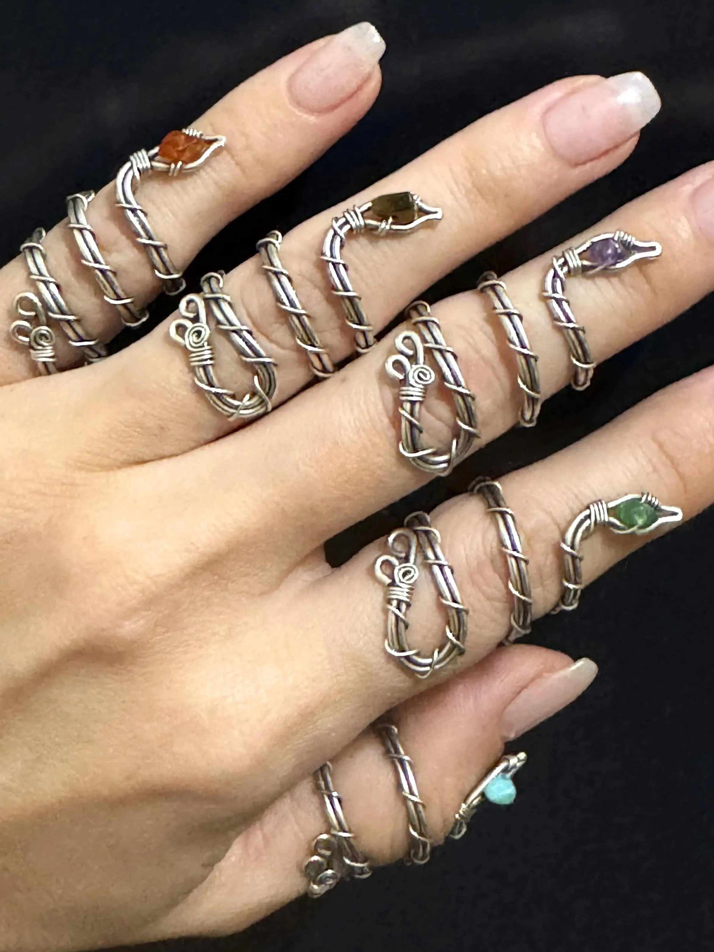 Wire wrapped snake raw crystal adjustable ring.