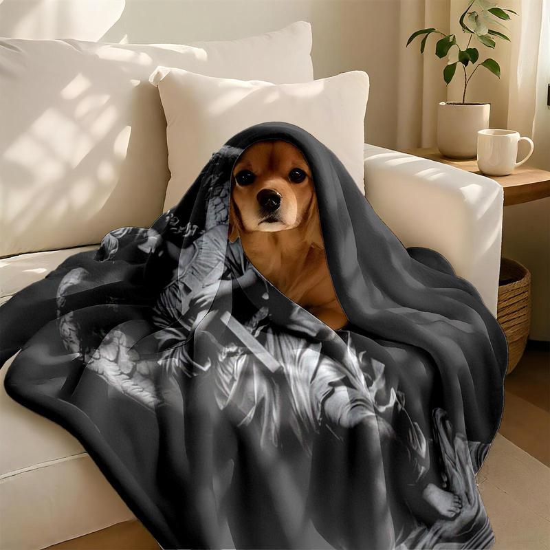 1 piece Holy angel statue holding a cross themed flannel blanket - Oversized fluffy flannel sofa blanket, suitable for beds and sofas, modern design, all-season use, digitally printed pattern, 100% polyester material, machine washable, suitable for