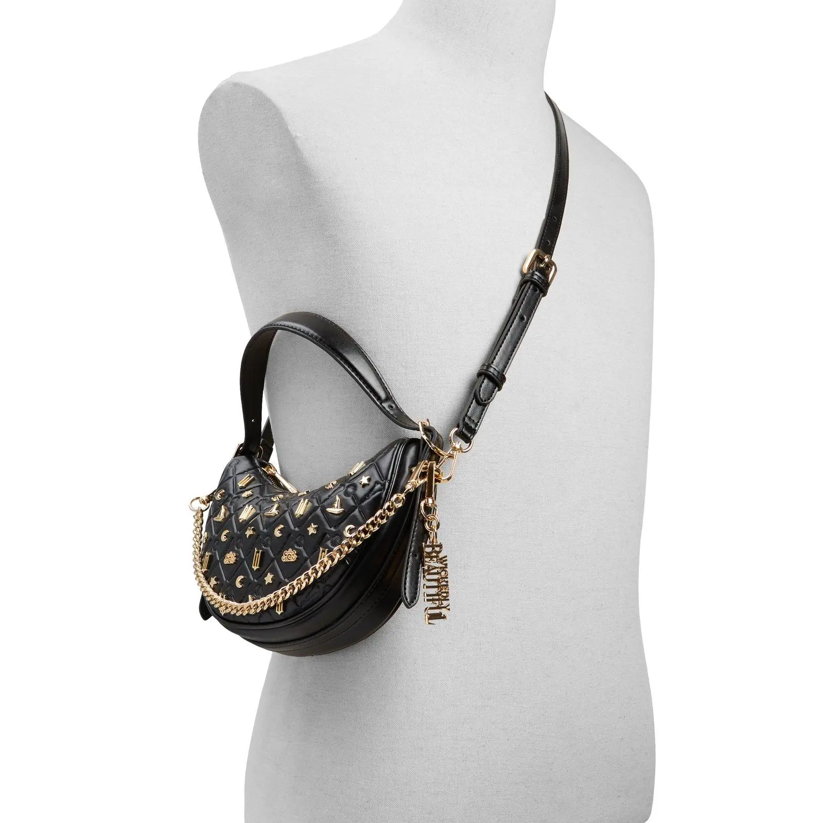 Wicked x ALDO Goodnews Black Crescent Handbag with Gold Appliques