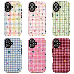 FL-Pastel Gingham Star Phone Case,Cute Y2K Gingham Star Phone Case,Soft Multicolor Plaid with Sparkly Stars Protective Cover For iPhone 11 12 13 14 15 16 17 Air Pro Max for Samsung S26 S25 S24 S23 S22 S21 Case,Gift for her/him