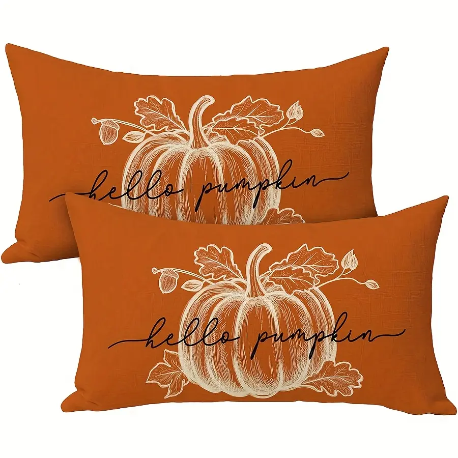2pcs Hello Pumpkin Decorative Pillow Covers - Rustic Autumn Orange  Ideal for Thanksgiving Season Sofa Cushion Set, Thanksgiving Decorations, Single-sided Printing Without Pillow Core