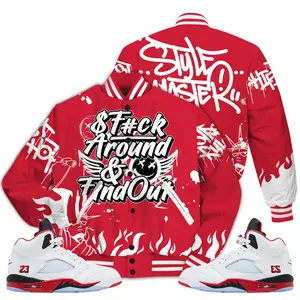 5 Fire Red Varsity Jacket, 2025 Fire Red Black Tongue 5s Letterman Jackets, Graphic Meme Quote Got Em Unisex To Match Sneaker Outfit Athletic Casual Fabric Womenswear