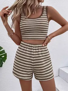 Women's Two-Piece Knit Striped Sleeveless Short Top Set, Stylish and Comfortable, Perfect for Casual Wear, Ideal for Daily Use