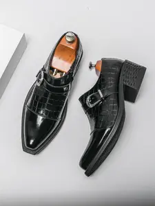 Men's Crocodile Texture Monk Strap Formal Shoes, Closed Pointed Toe Thick Heel Leather Boots, Perfect for Parties, Weddings, Streetwear, Work