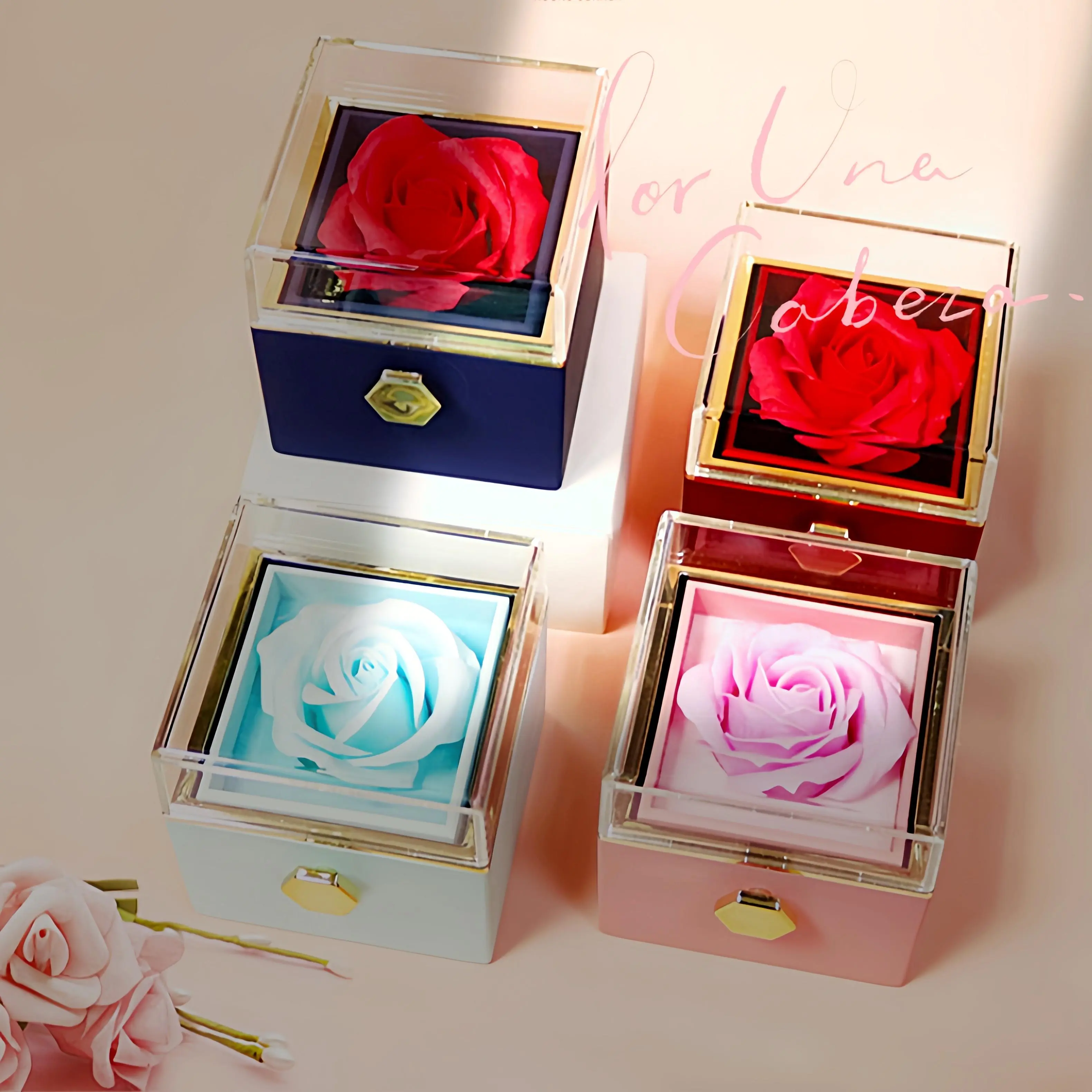 Rotating Soap Flower Rose Gift Box - 100g Preserved Rose Jewelry Box with Transparent Acrylic Cover & Rotating Drawer Design for Valentine's Day Blue