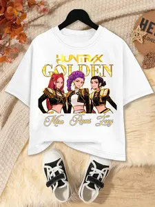 Girls Kpop Demon Hunters Short Sleeve Fitted Top, Gold Stage Style, Cartoon Anime Print, Summer Fashion Casual Tee, Daily Wear Outdoor