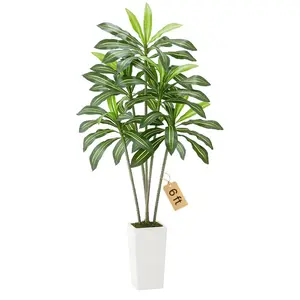 Fathersdaygift 6 ft Artificial Dracaena Palm Tree, Decorative Fake Palm Silk Floor Plant with White Tall Planter, Faux Indoor-Outdoor Tree for Home Office Decor, Creates Tropical Vibe, Fake Palm Treedealsforyoudays