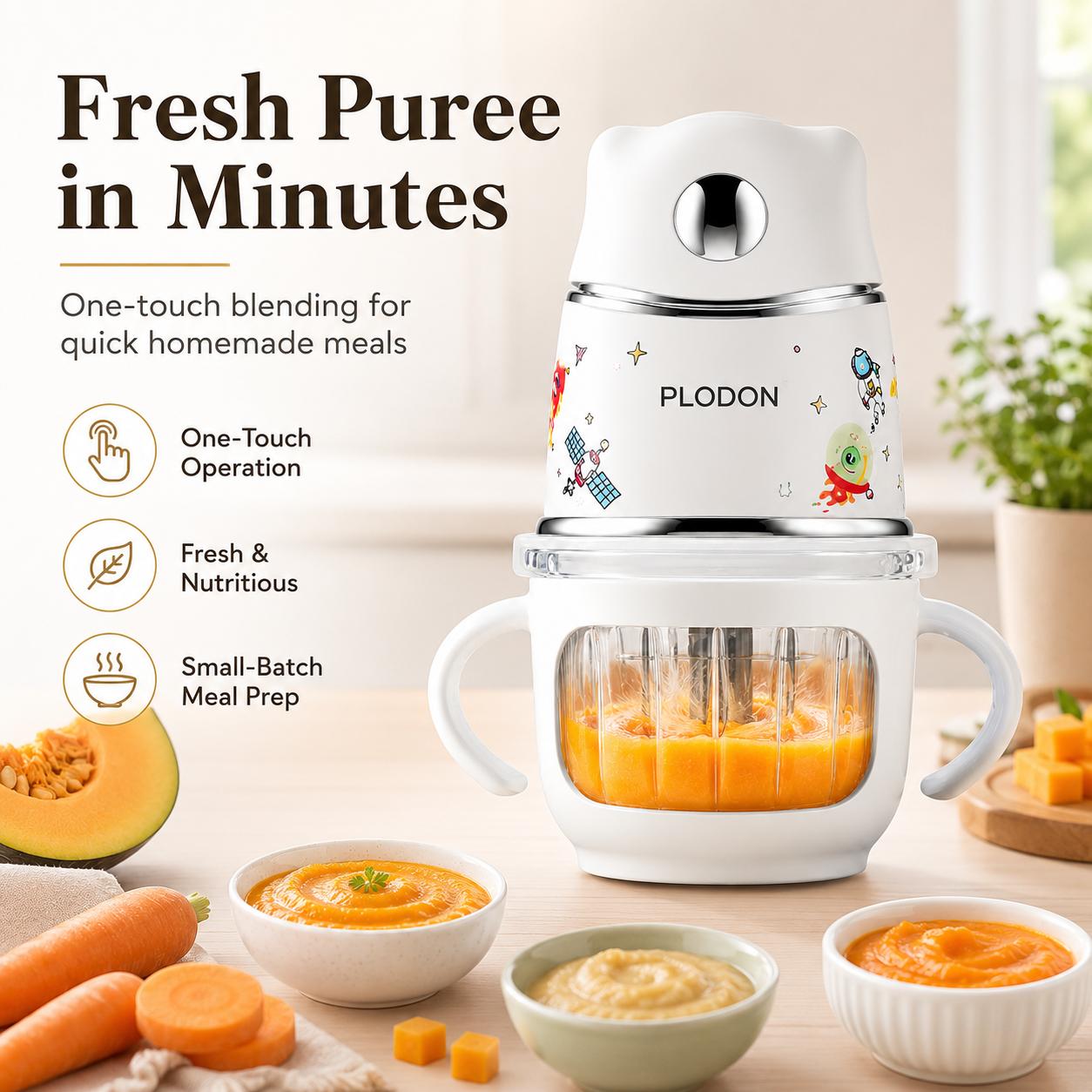 PLODON 10oz Baby Food Maker - Glass Bowl Easy to Use Food Processor with 316 Stainless Steel Blades, 1-Touch Puree Blender for Fruits, Vegetables, BPA-Free Small Batch Meal Prep Tool, Easy To Use Food Processors