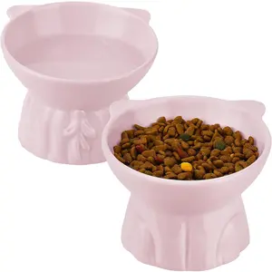 Cat Bowls 2-Pack, Ceramic Raised Cat Food & Water Dishes - Extra Wide & Shallow Whisker-Friendly Design, Anti-Vomit & Easy Digestion, Lead/Cadmium-Free, Microwave & Dishwasher Safe (Pink)