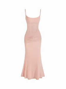 Cider Mesh V-neck Pleated Corset Glitter Bobycon Maxi Dress