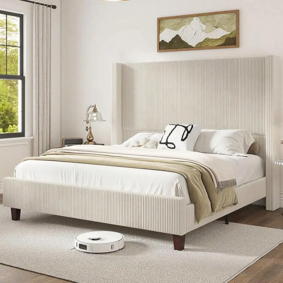 Queen Size 61" Corduroy Upholstered Bed Frame, Platform Bed With Vertical Stripe Wingback Headboard, No Box Spring Needed/Noise Free/Solid Wood Slats & Legs